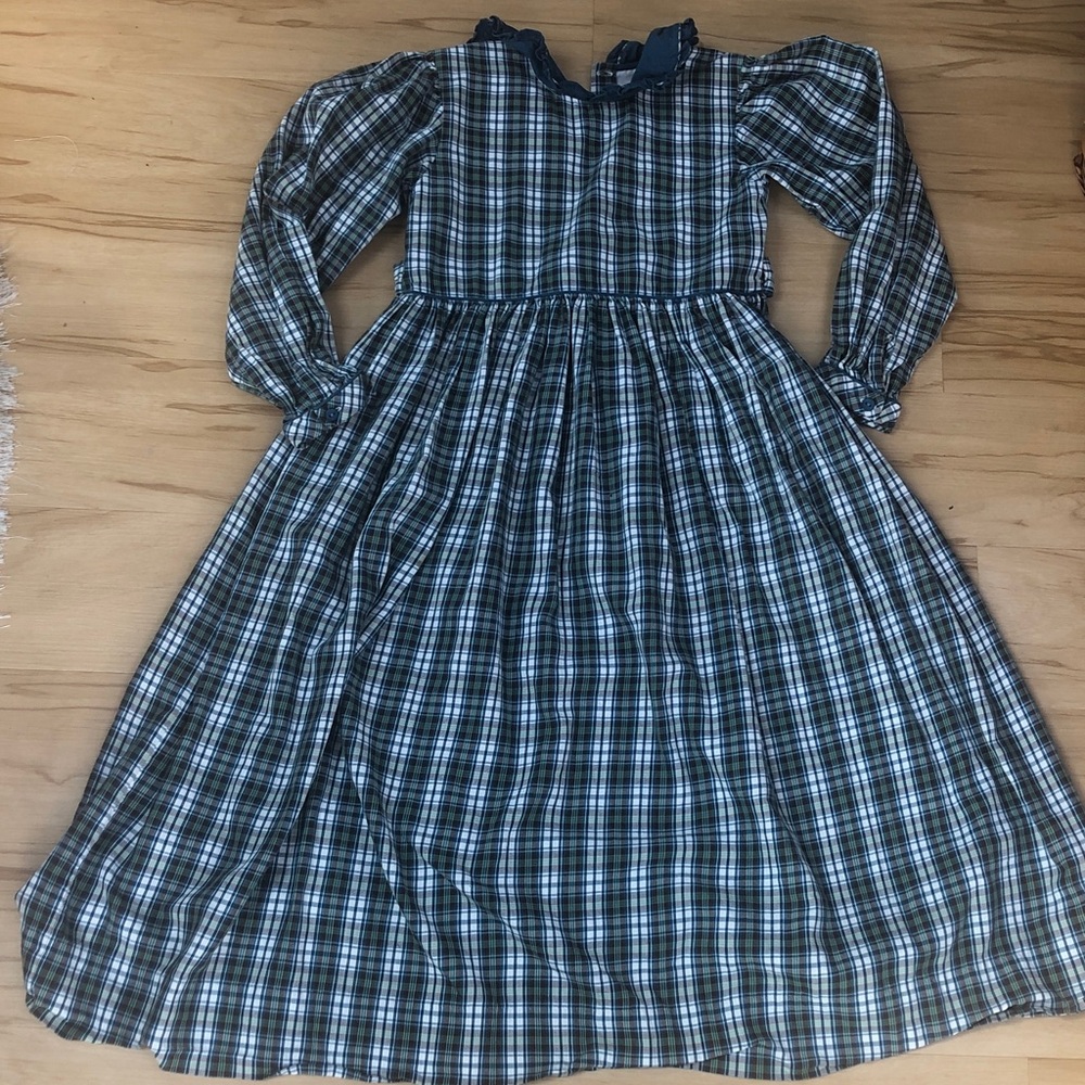 Girls Teal Green Plaid‎ Long-Sleeve Prairie Dress Ruffle Collar Vintage